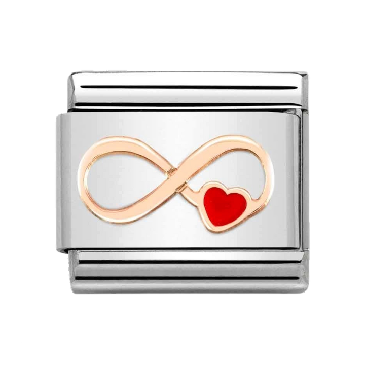 Niche Jewellery Nomination charm featuring a rose gold infinity symbol and red enamel heart on stainless steel link