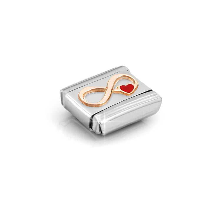 Niche Jewellery Nomination charm featuring a rose gold infinity symbol and red enamel heart on a stainless steel link.