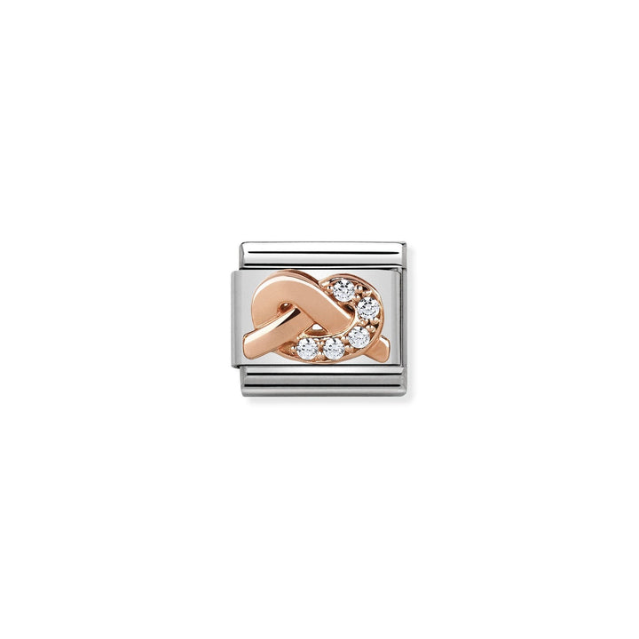 Niche Jewellery rose gold love knot charm with white cubic zirconia stones on a silver base.
