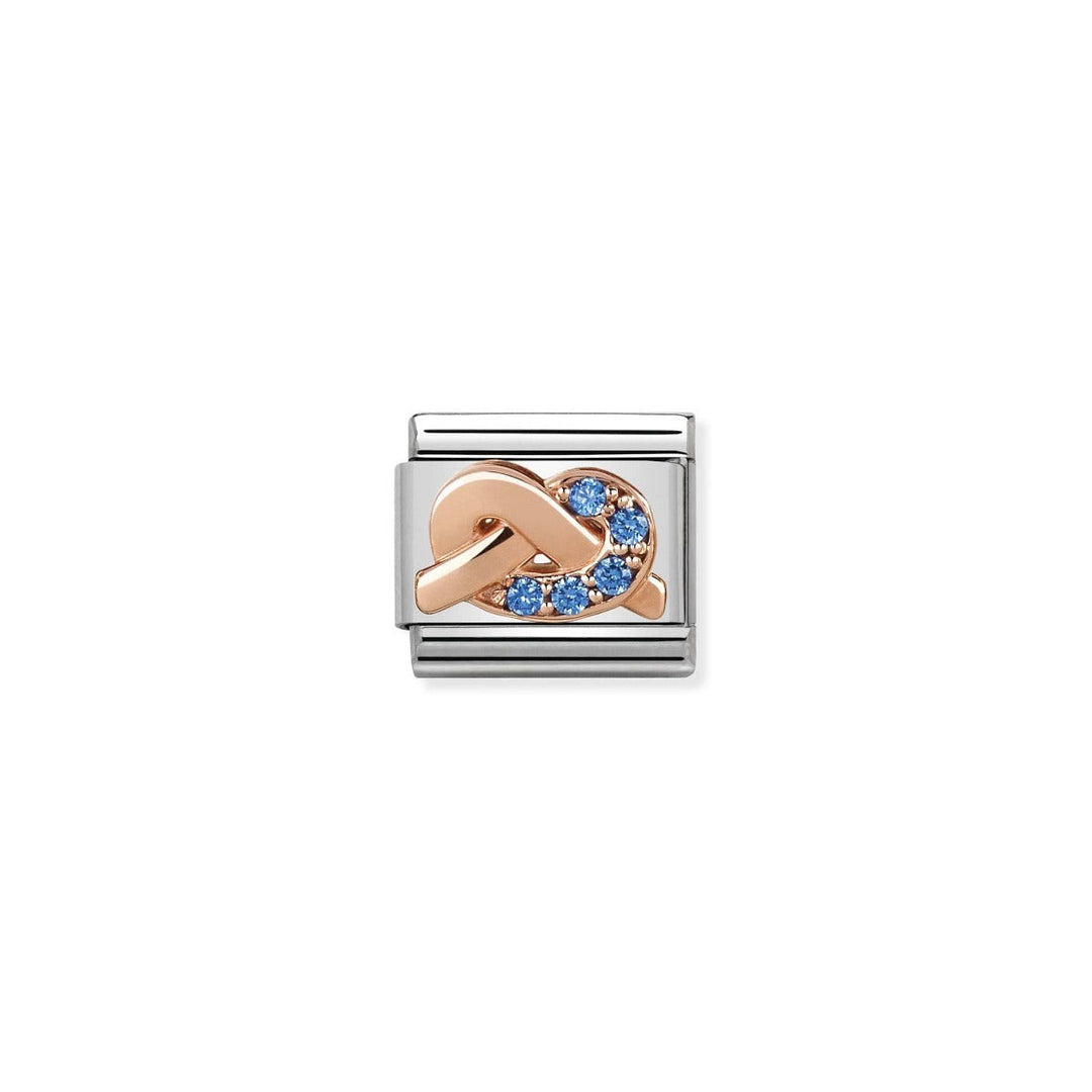 Niche Jewellery rose gold knot charm with light blue cubic zirconia set in stainless steel. Compatible with Nomination bracelets.