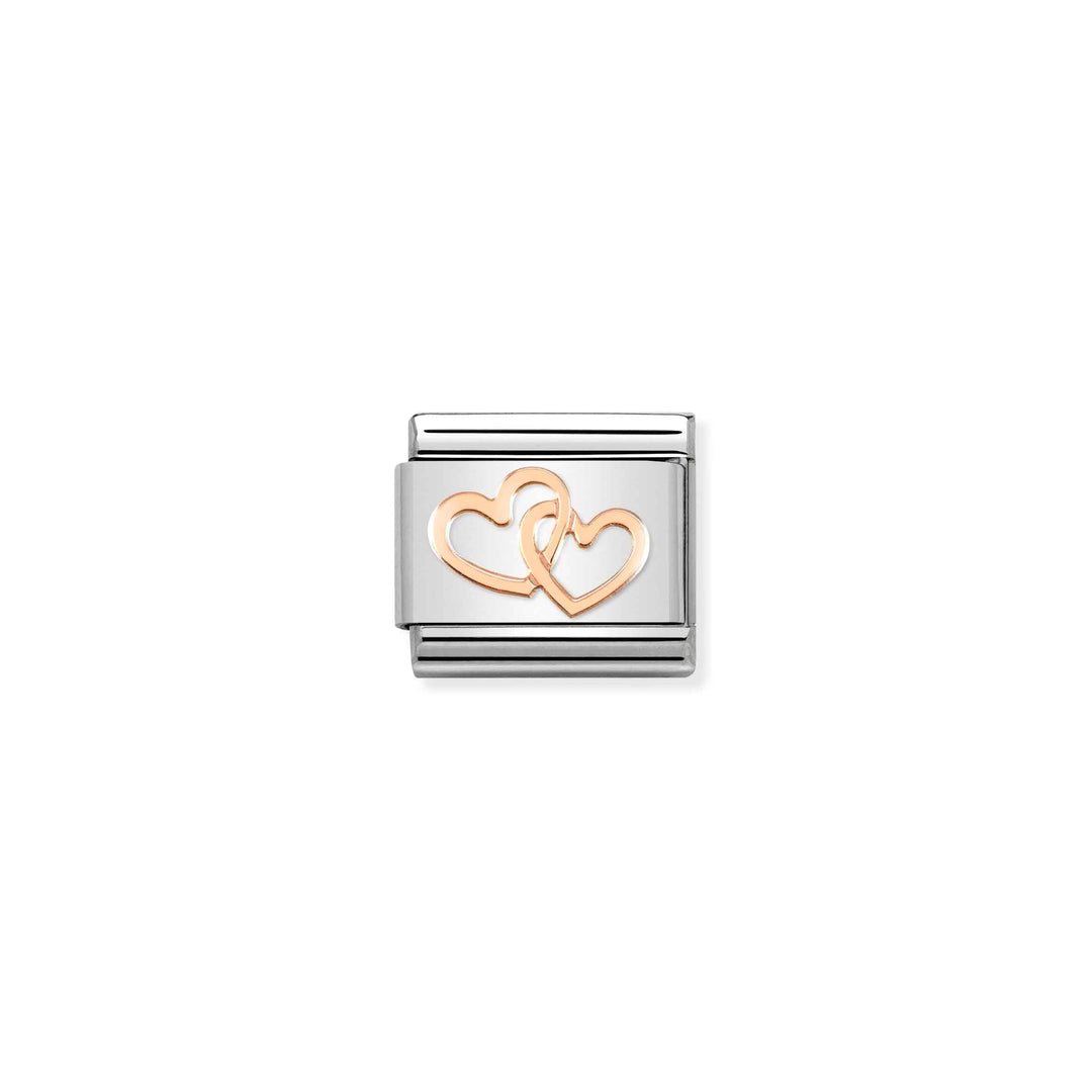 Niche Jewellery Nomination charm featuring two intertwined hearts in stainless steel and rose gold.