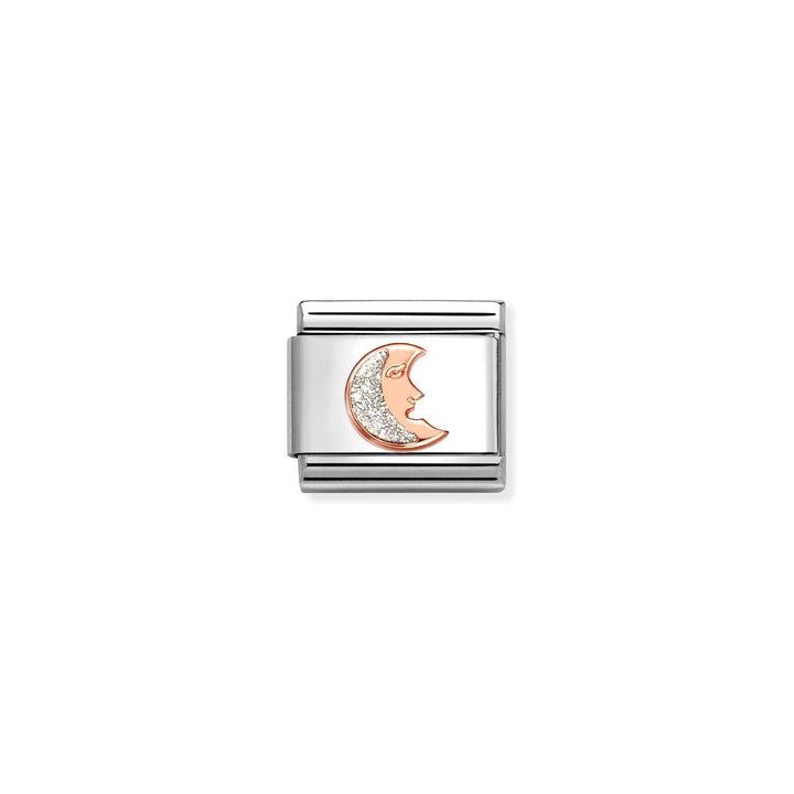 Niche Jewellery Nomination charm featuring a rose gold moon with glitter enamel detail on a stainless steel link.