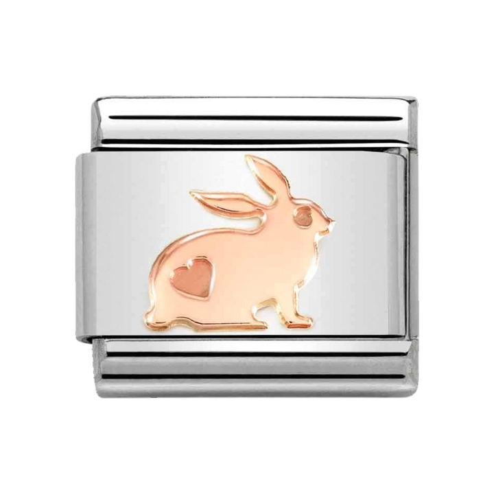 Niche Jewellery Nomination rose gold rabbit charm with heart detail on a stainless steel link for composable bracelets.