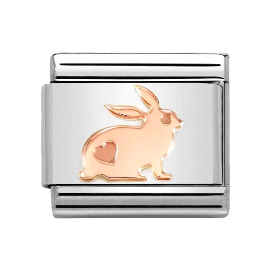 Niche Jewellery Nomination rose gold rabbit charm with heart detail on a stainless steel link for composable bracelets.