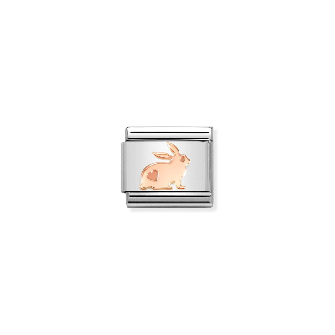 Niche Jewellery Nomination rose gold rabbit charm with heart detail on a stainless steel link for composable bracelets.