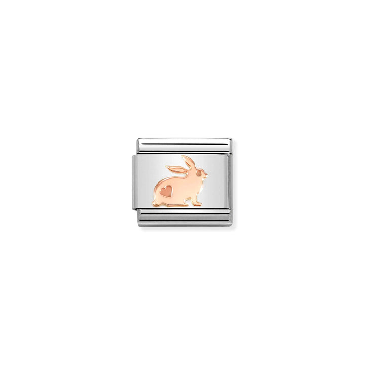 Niche Jewellery Nomination rose gold rabbit charm with heart detail on a stainless steel link for composable bracelets.