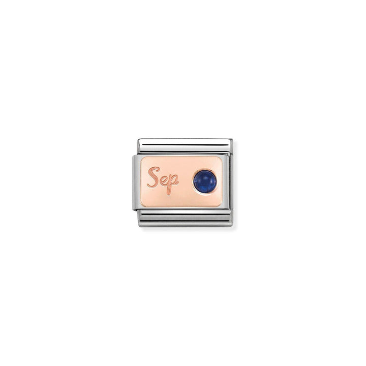 Niche Jewellery rose gold charm with 'Sep' engraving and a blue sapphire birthstone, part of the Nomination Composable system.