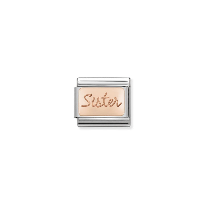 Niche Jewellery stainless steel charm with rose gold plate engraved with "Sister" in script.