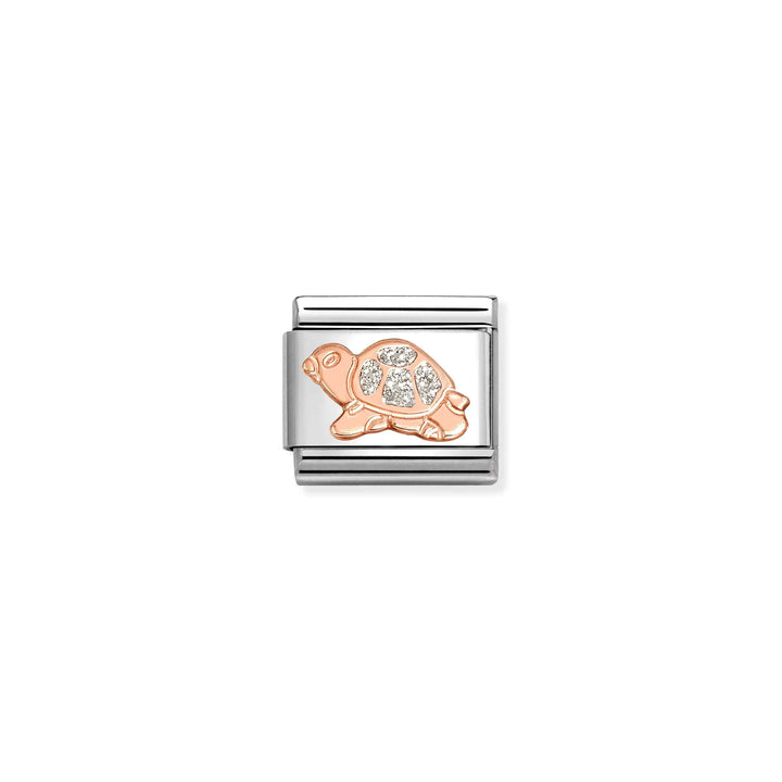 Niche Jewellery Nomination rose gold turtle charm with sparkling glitter enamel on a stainless steel link.