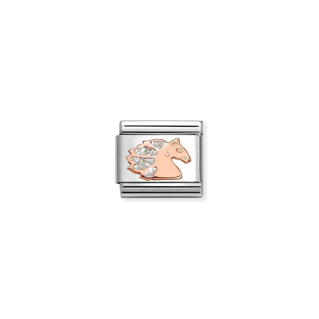 Niche Jewellery Nomination charm featuring a rose gold unicorn head with glittering enamel on stainless steel