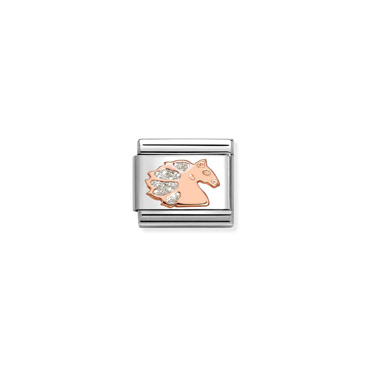 Niche Jewellery Nomination charm featuring a rose gold unicorn head with glittering enamel on stainless steel