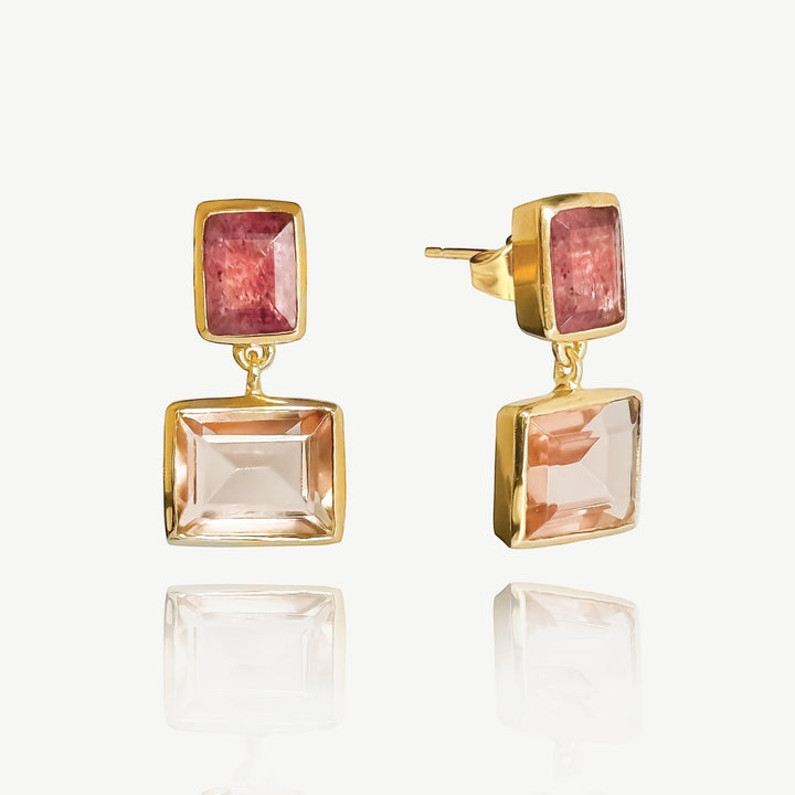 Niche Jewellery Sakura drop stud earrings featuring facet-cut strawberry quartz and morganite in 18ct gold-plated metal.