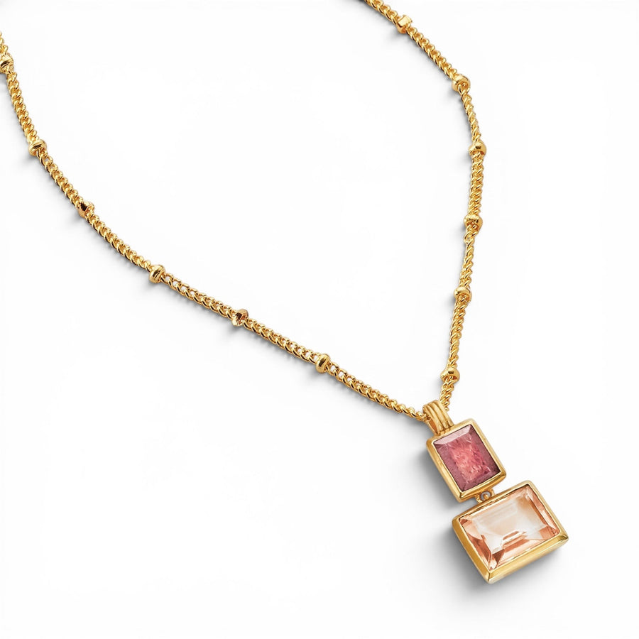 Niche Jewellery Sarah Alexander Sakura necklace with pink strawberry quartz and morganite on gold-plated bobble chain