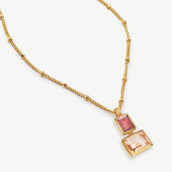 Niche Jewellery Sakura necklace featuring strawberry quartz and morganite pendants on an 18ct gold-plated bobble chain.