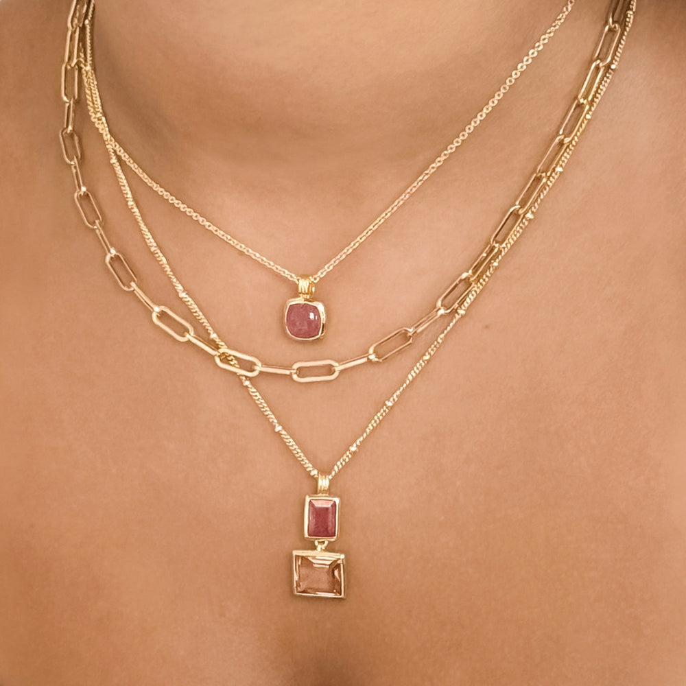 Niche Jewellery Sarah Alexander Sakura necklace with pink strawberry quartz and morganite on gold-plated bobble chain.