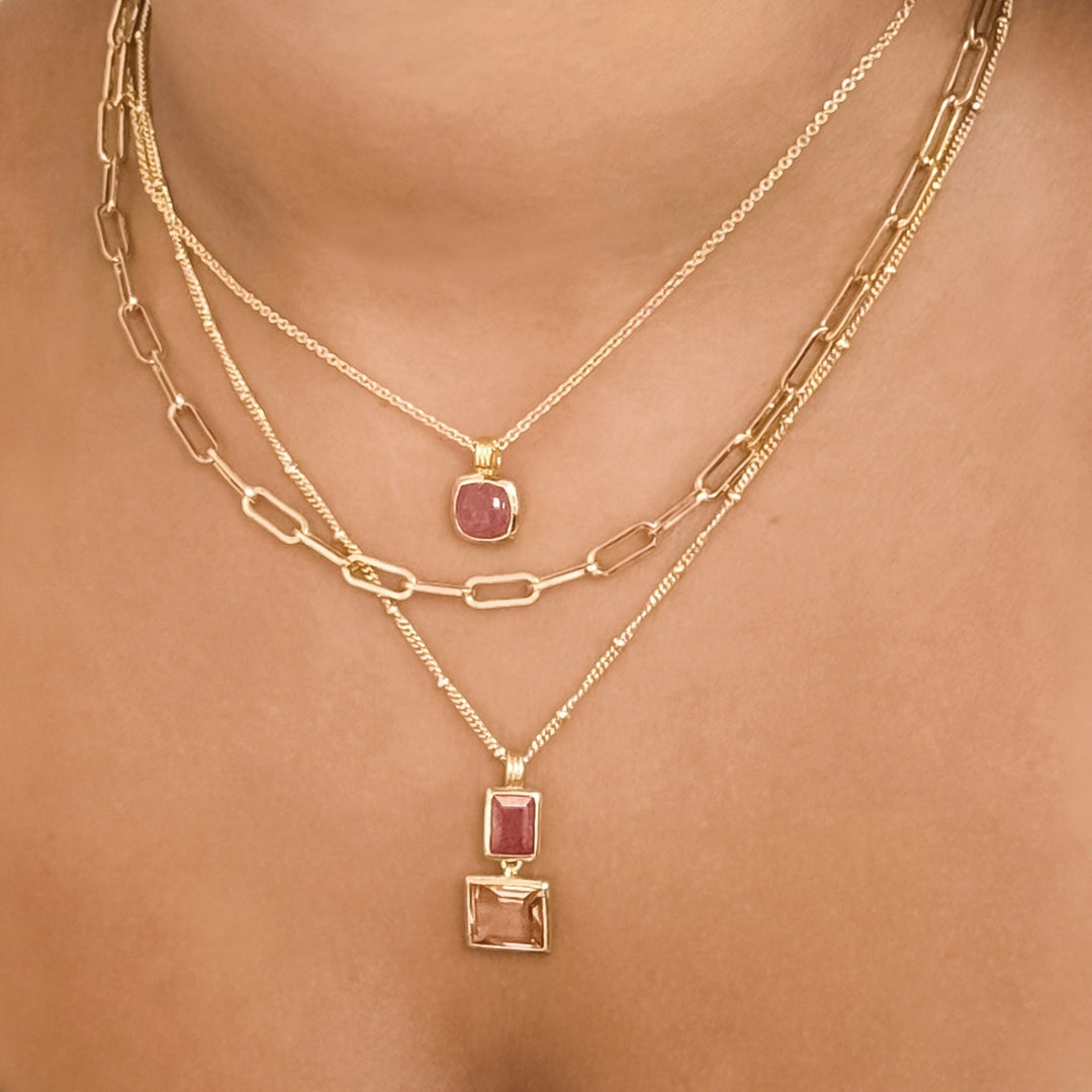 Niche Jewellery Sarah Alexander Sakura necklace with pink strawberry quartz and morganite on gold-plated bobble chain.