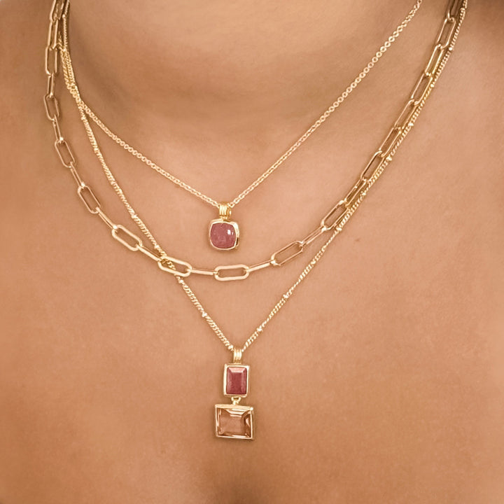Niche Jewellery Sarah Alexander Sakura necklace with pink strawberry quartz and morganite on gold-plated bobble chain.