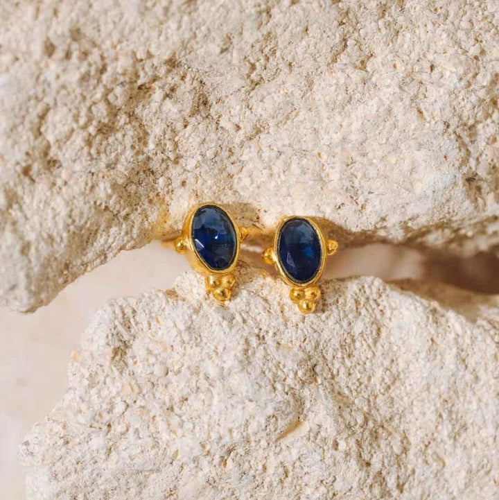 Niche Jewellery Formation Co Indus stud earrings featuring oval sapphire-blue stones in 18k gold plated sterling silver.