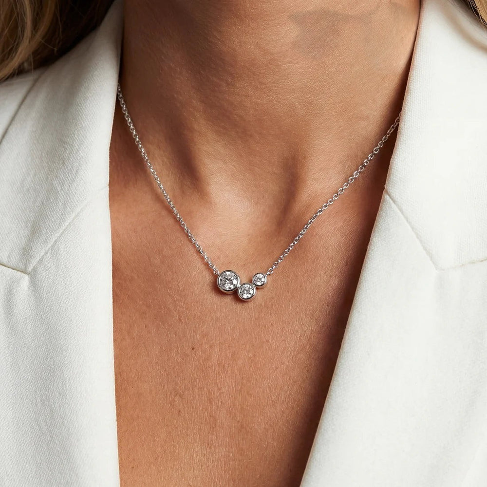 Niche Jewellery Sif Jakobs Sardinien Tre sterling silver necklace with three sparkling white zirconia stones.