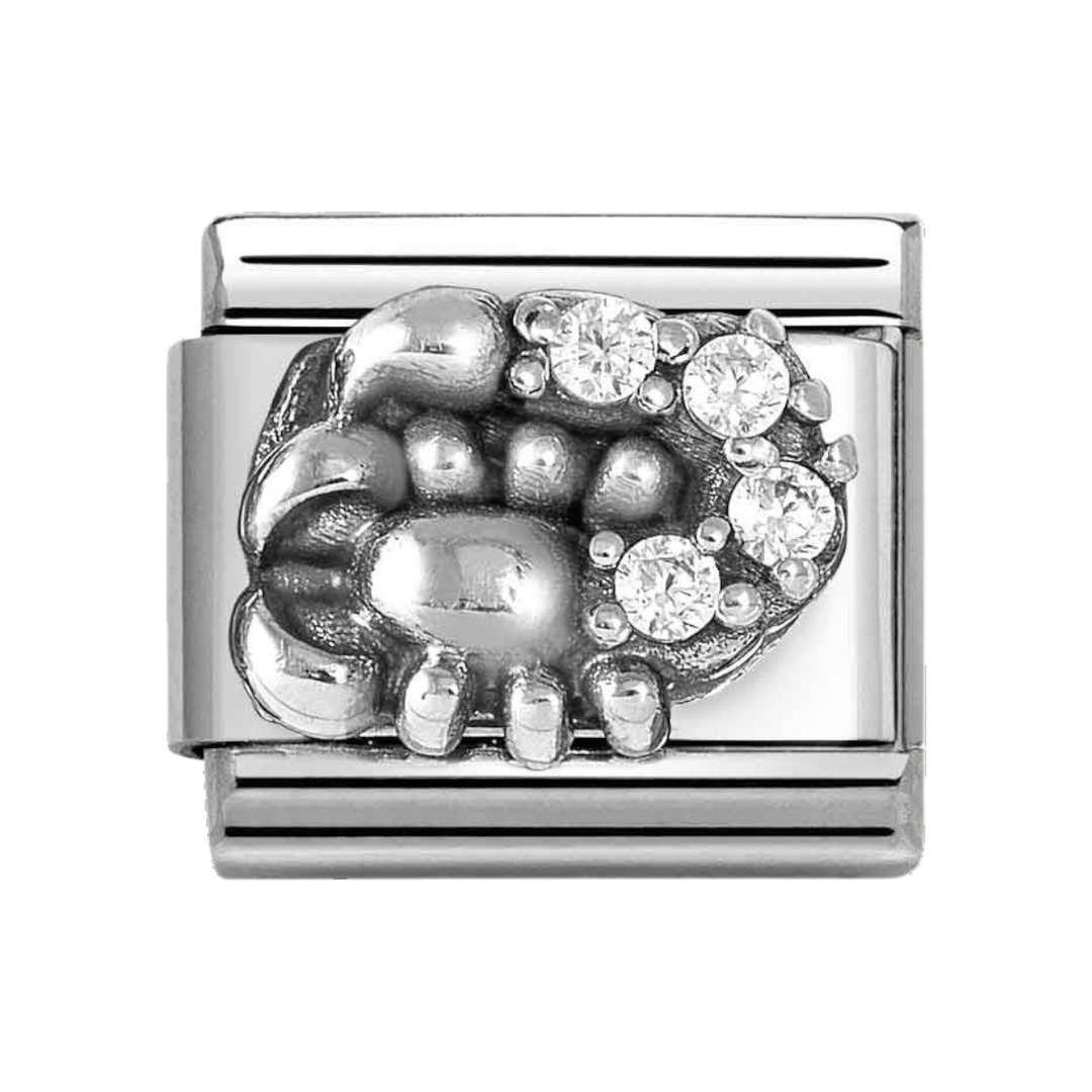 Niche Jewellery Nomination silver Scorpio zodiac charm featuring an oxidised scorpion design with cubic zirconia stones.