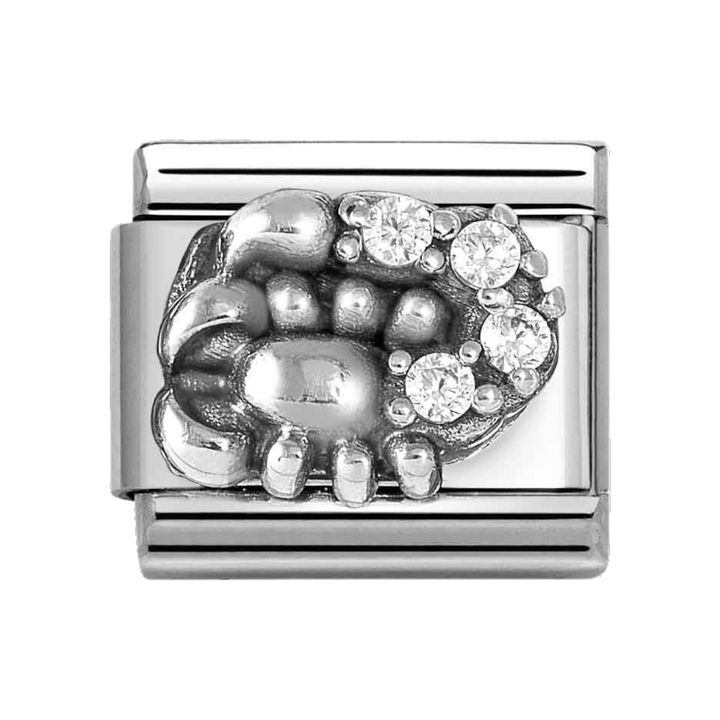 Niche Jewellery Nomination silver Scorpio zodiac charm featuring an oxidised scorpion design with cubic zirconia stones.
