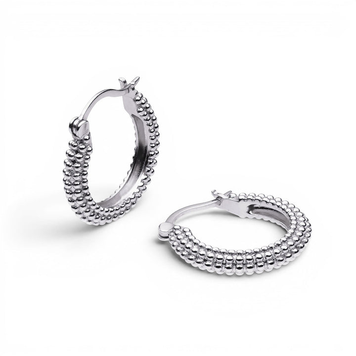 Niche Jewellery Sarah Alexander Sedona rhodium-plated silver hoop earrings with textured bobble detail