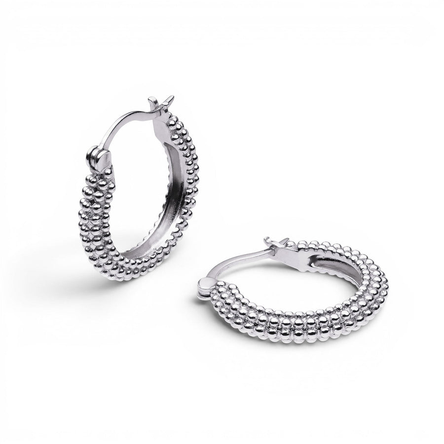 Niche Jewellery Sarah Alexander Sedona rhodium-plated silver hoop earrings with textured bobble detail