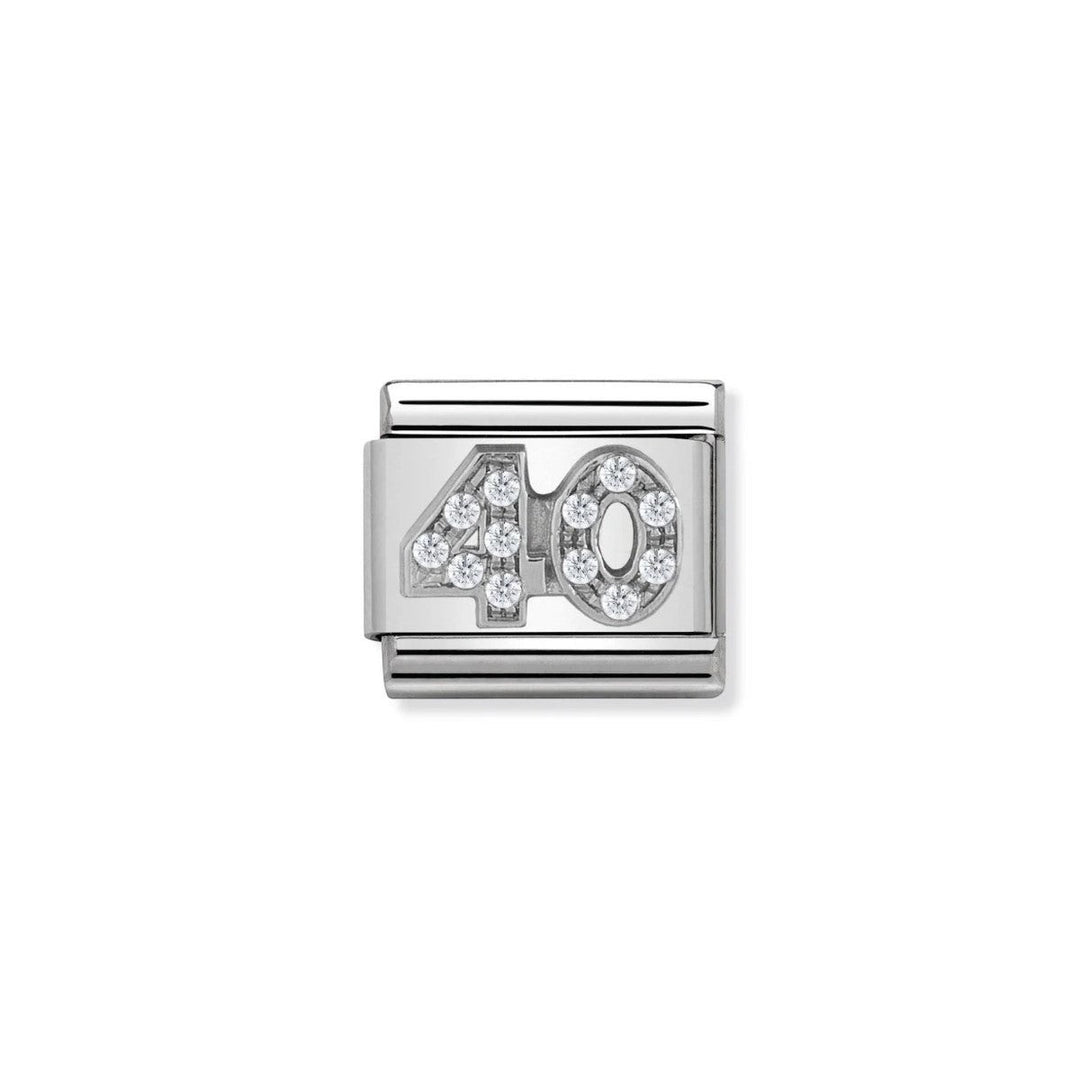 Niche Jewellery silver charm with number 40 encrusted with cubic zirconia stones.
