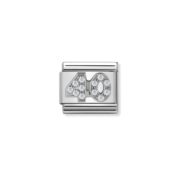 Niche Jewellery silver charm with number 40 encrusted with cubic zirconia stones.