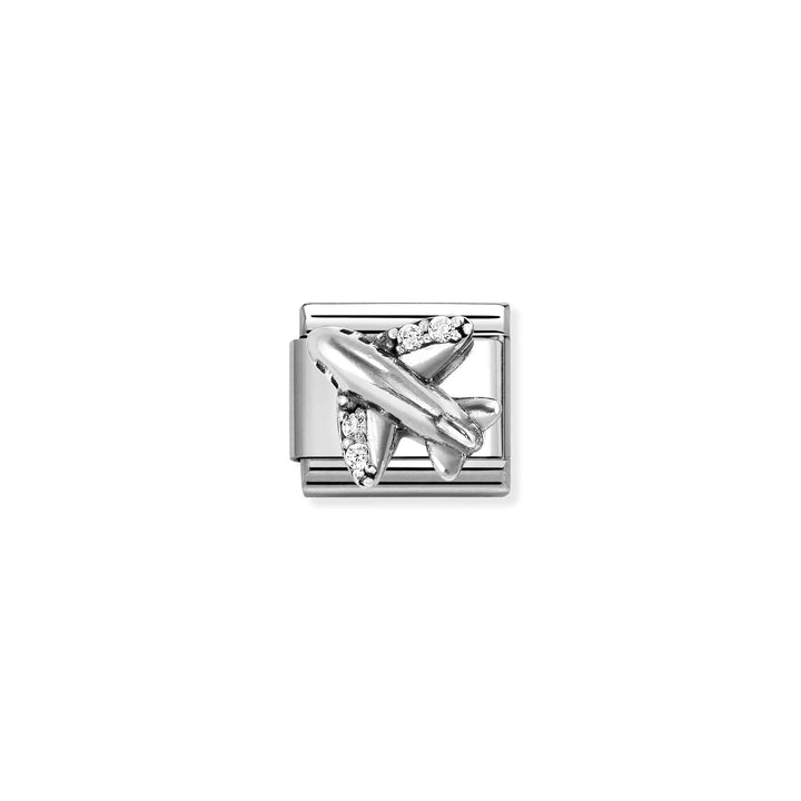 Niche Jewellery Nomination silver airplane charm with white cubic zirconia accents for a classic link bracelet.