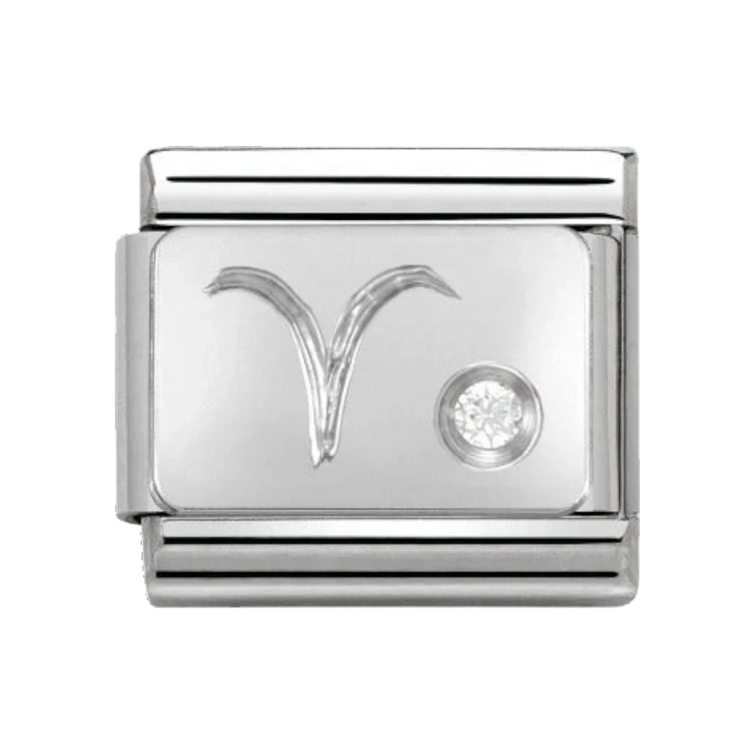 Niche Jewellery silver Aries zodiac charm with cubic zirconia detail.
