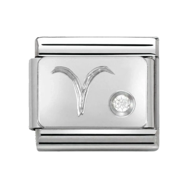 Niche Jewellery silver Aries zodiac charm with cubic zirconia detail.
