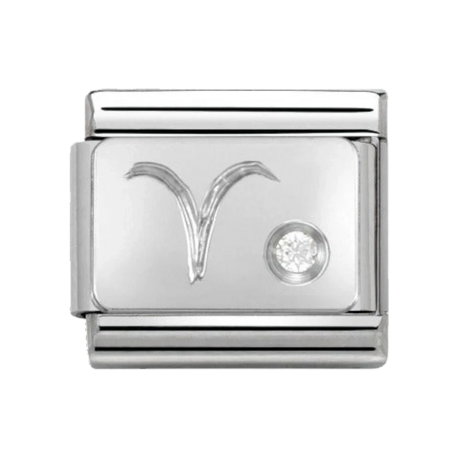 Niche Jewellery silver Aries zodiac charm with cubic zirconia detail.