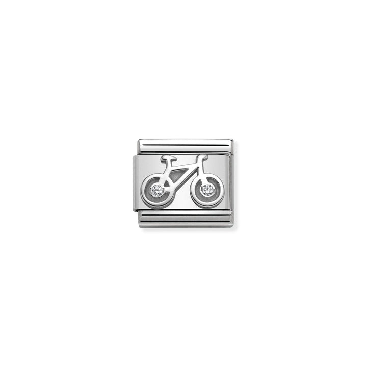 Niche Jewellery silver bicycle charm with cubic zirconia wheels, fits Nomination bracelets.