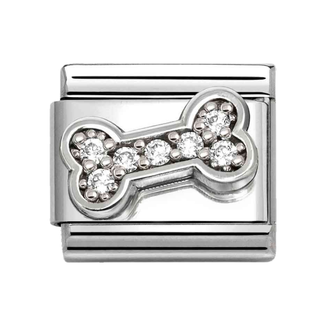 Niche Jewellery Nomination silver bone charm featuring sparkling zirconia stones on a stainless steel link.