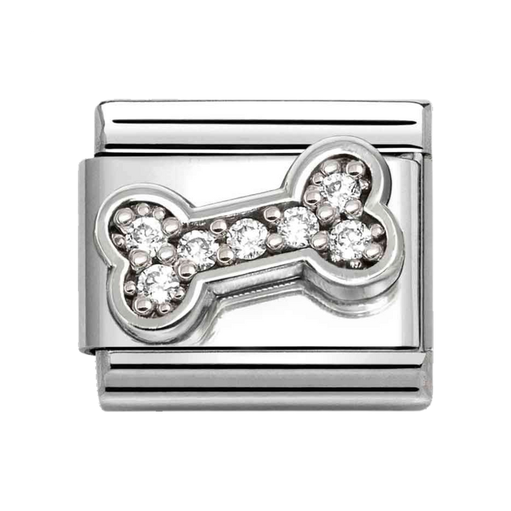 Niche Jewellery Nomination silver bone charm featuring sparkling zirconia stones on a stainless steel link.
