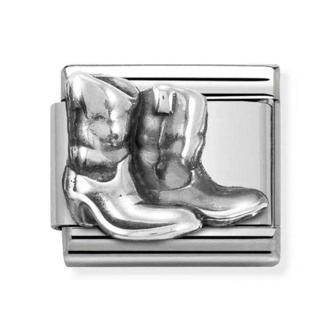 Niche Jewellery Nomination silver boots charm in polished stainless steel and sterling silver for a classic bracelet.