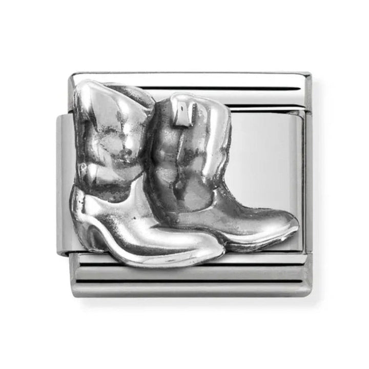 Niche Jewellery Nomination silver boots charm in polished stainless steel and sterling silver for a classic bracelet.