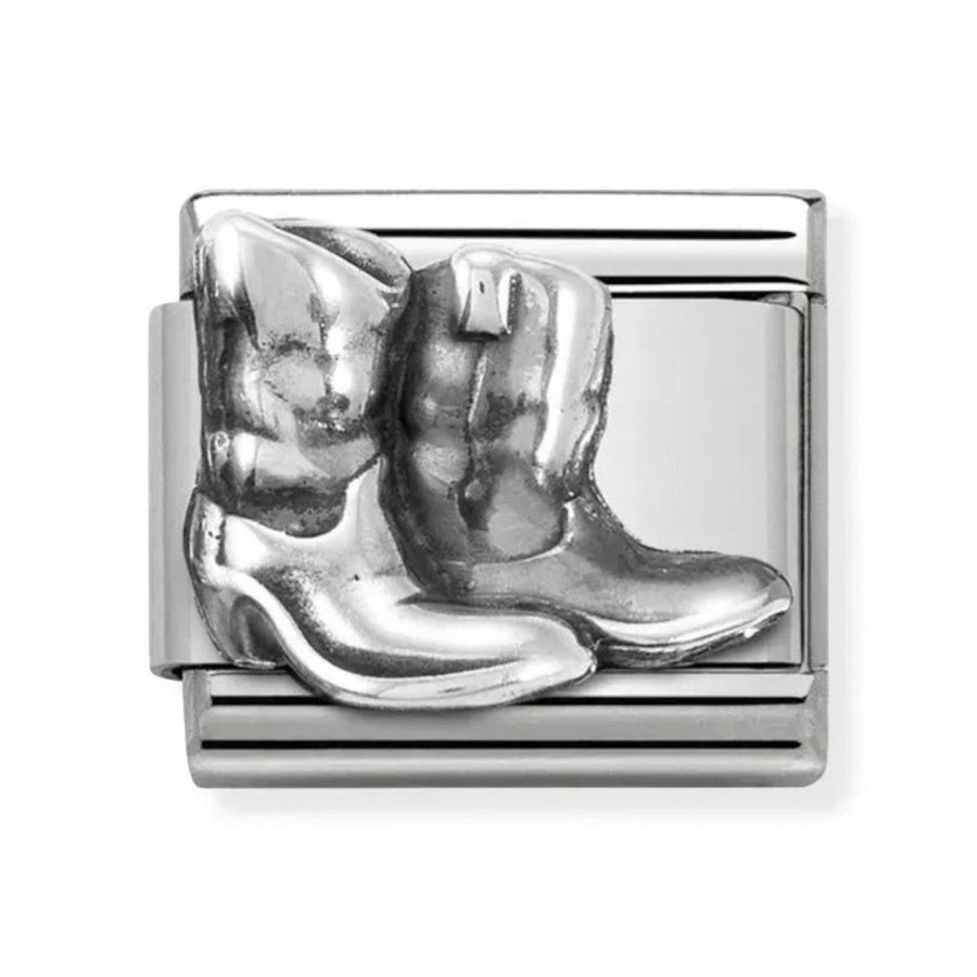 Niche Jewellery Nomination silver boots charm in polished stainless steel and sterling silver for a classic bracelet.