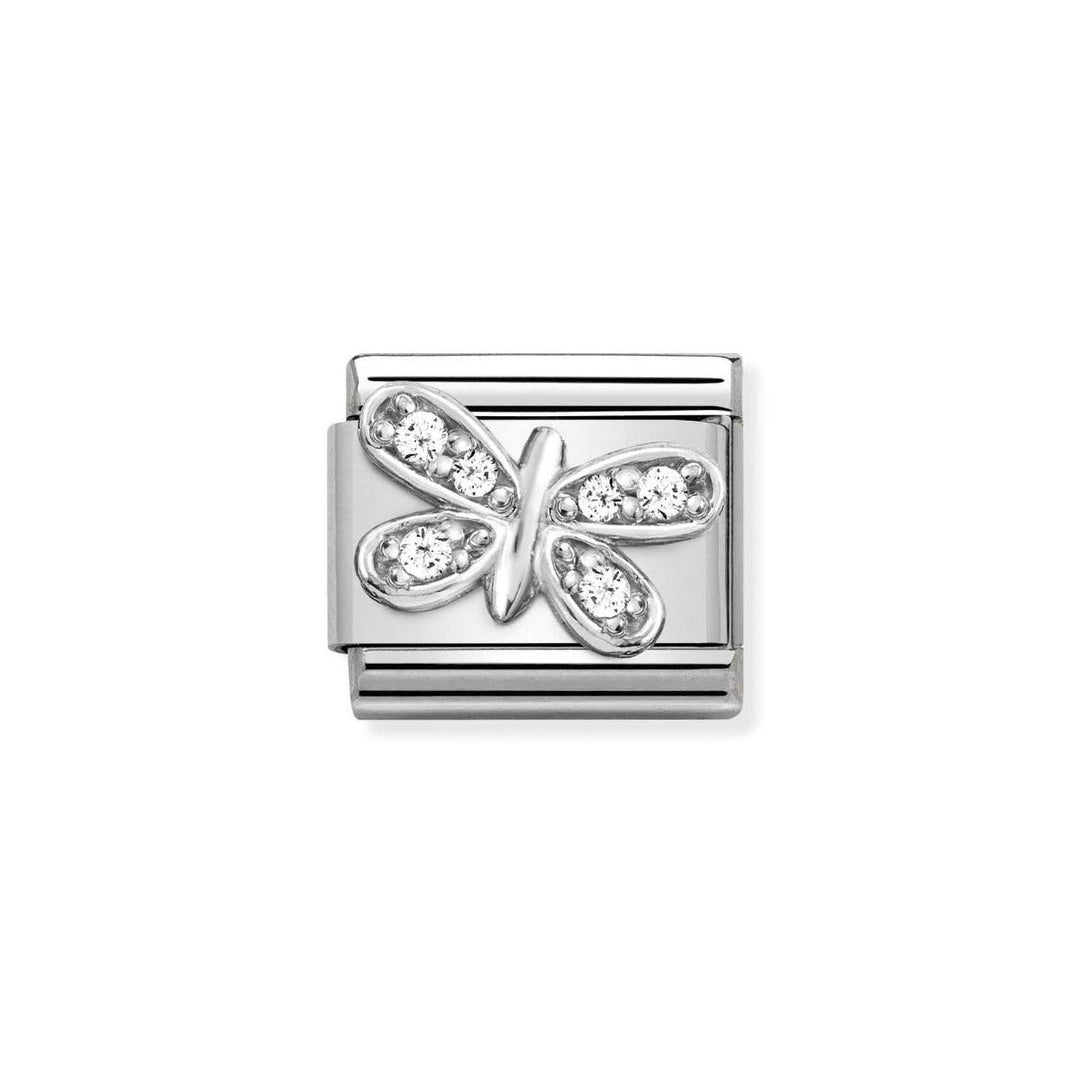 Niche Jewellery sterling silver charm with a butterfly design encrusted with white cubic zirconia.