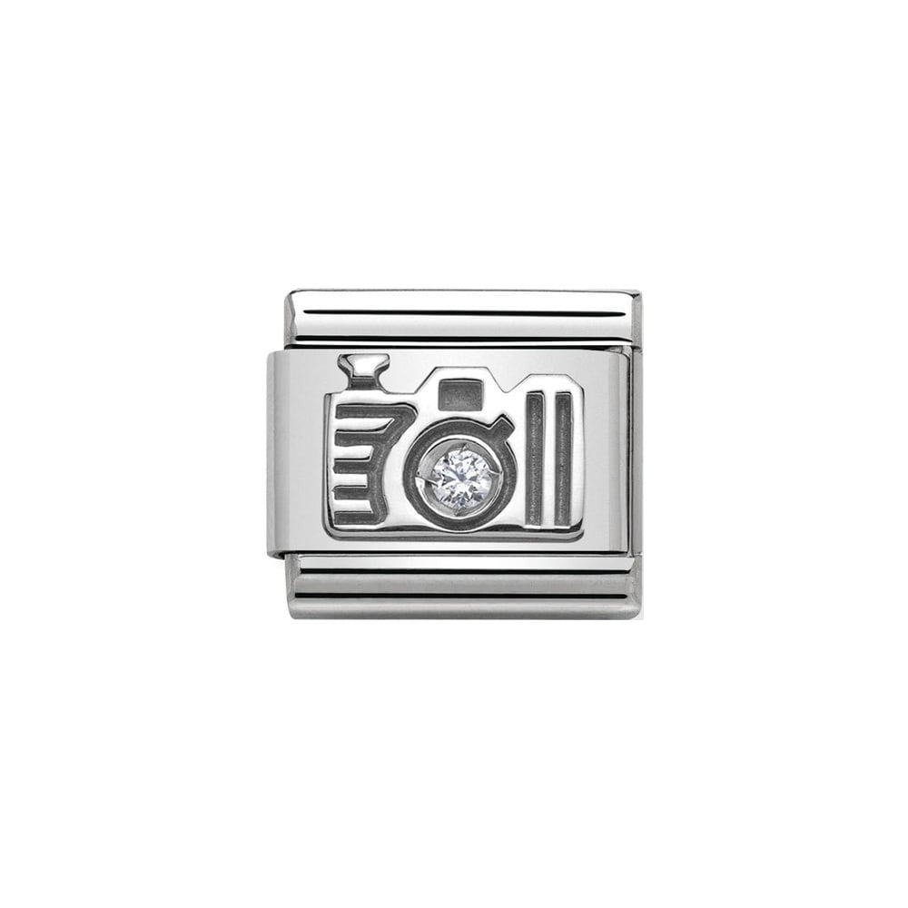 Niche Jewellery silver charm bracelet charm featuring a camera design with a central zirconia stone.