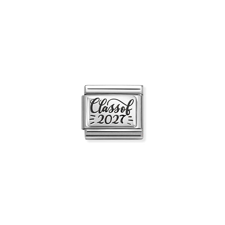 Niche Jewellery Nomination silver oxidised Class of 2027 graduation charm for a classic link bracelet.