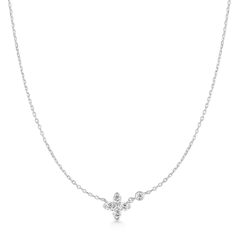 Niche Jewellery Ania Haie silver clover necklace with cubic zirconia stones on a delicate sterling silver chain