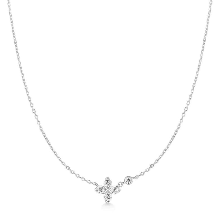 Niche Jewellery Ania Haie silver clover necklace with cubic zirconia stones on a delicate sterling silver chain