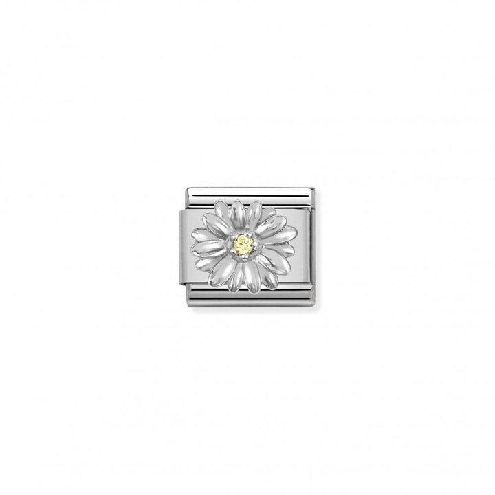 Niche Jewellery silver charm with a yellow zirconia daisy flower design.