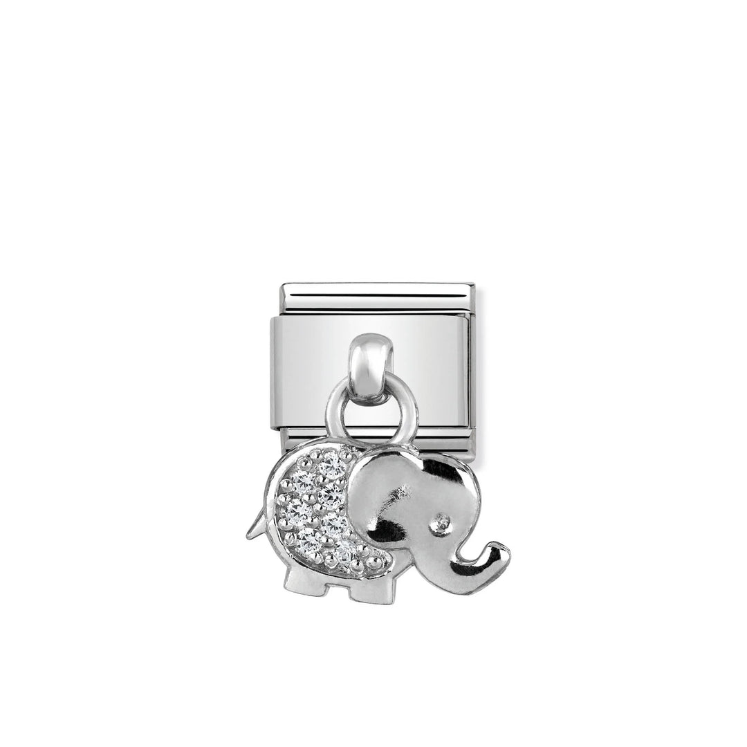 Niche Jewellery Nomination silver elephant drop charm featuring sparkling cubic zirconia stones on a stainless base.