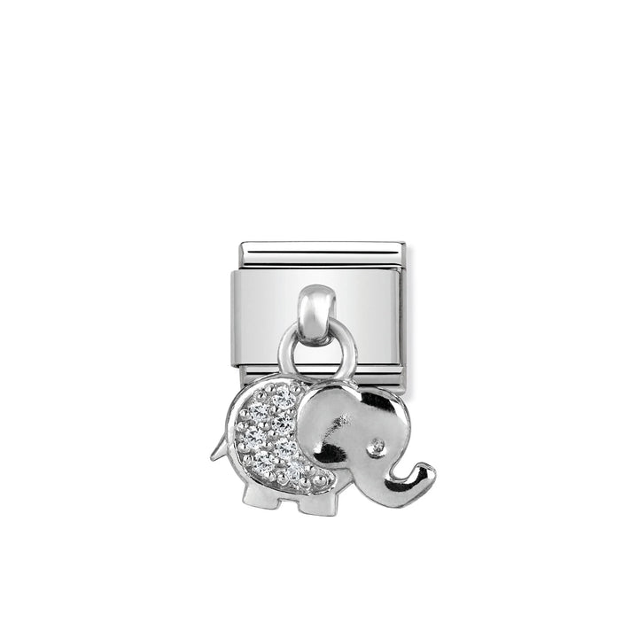 Niche Jewellery Nomination silver elephant drop charm featuring sparkling cubic zirconia stones on a stainless base.
