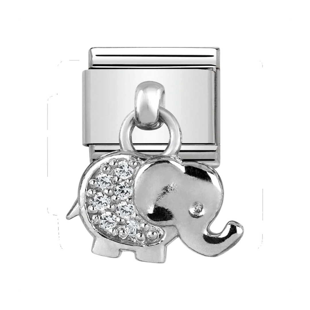 Niche Jewellery Nomination elephant drop charm in sterling silver and stainless steel with sparkling cubic zirconia.