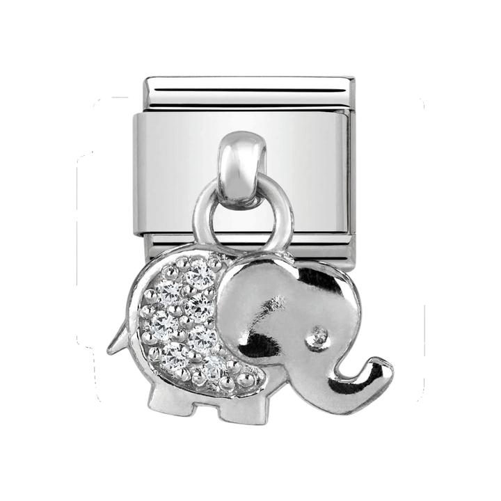 Niche Jewellery Nomination elephant drop charm in sterling silver and stainless steel with sparkling cubic zirconia.