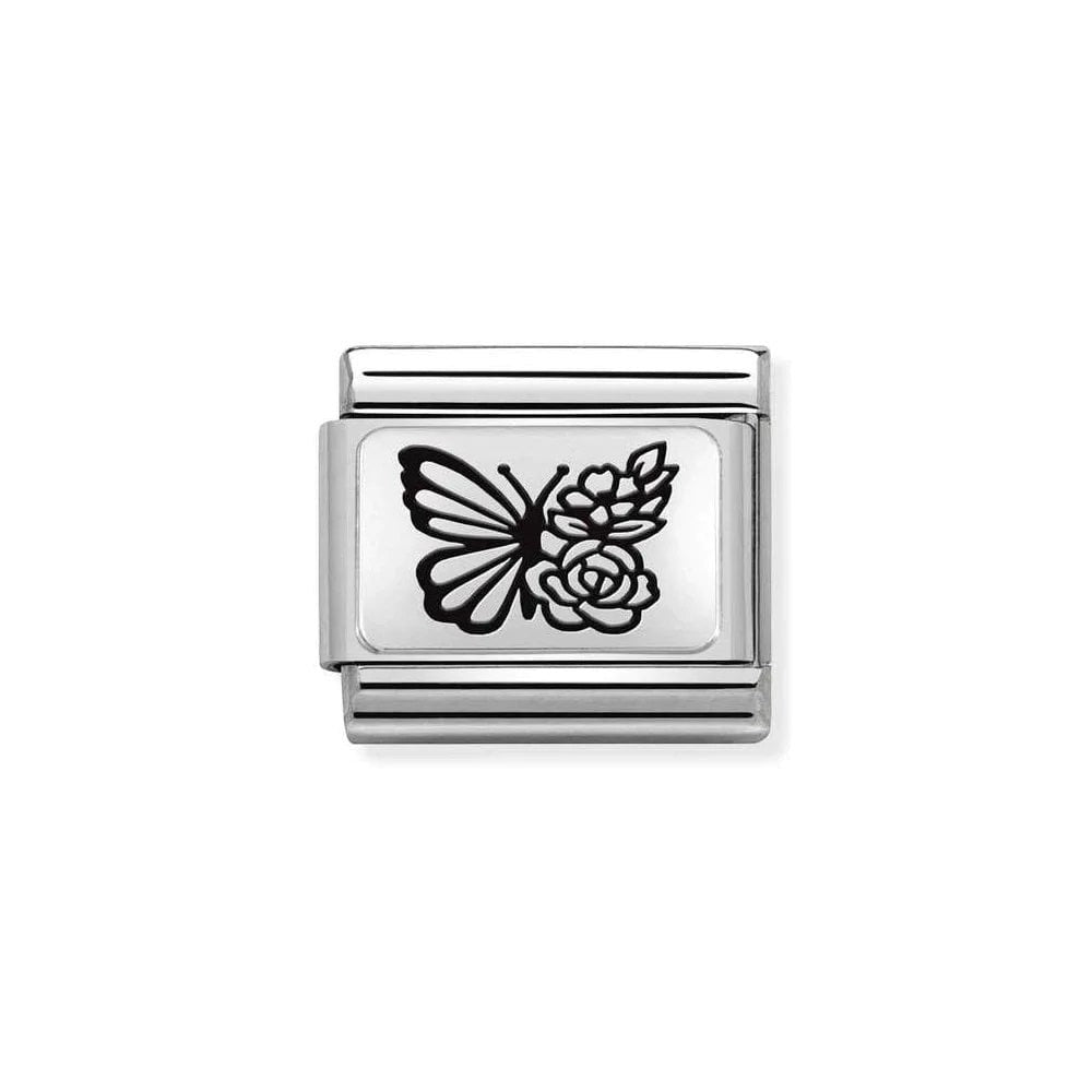 Niche Jewellery sterling silver charm with black enamel butterfly and rose design.